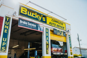 Car being repaired at the shop at Bucky's Tacoma Sprague Auto repair location